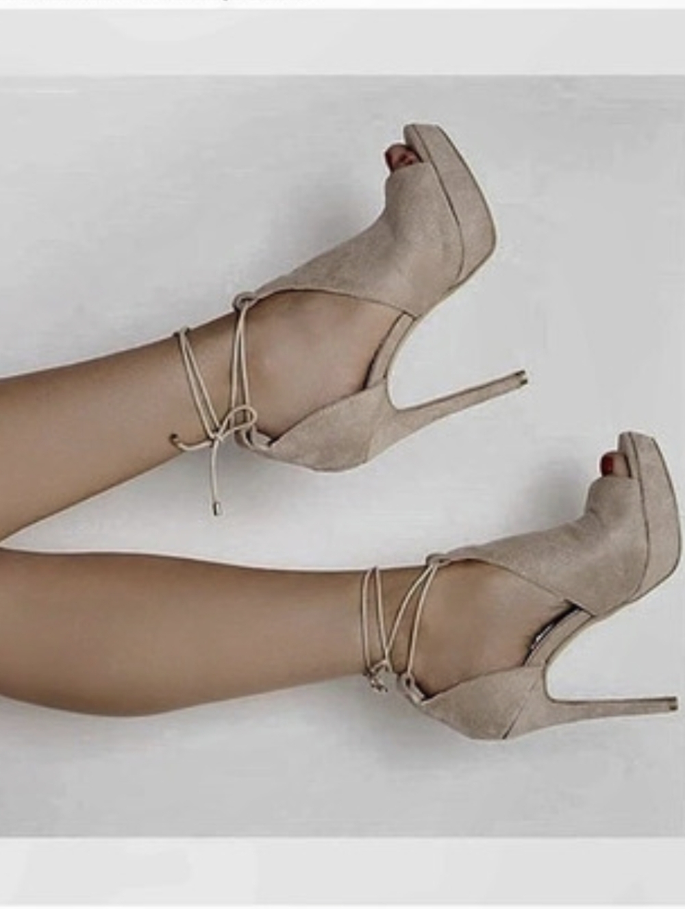 NWOT | Suede Peep Toe Heels Sexy Sandals Strappy Lace Up Tie - Picture 3 of 4